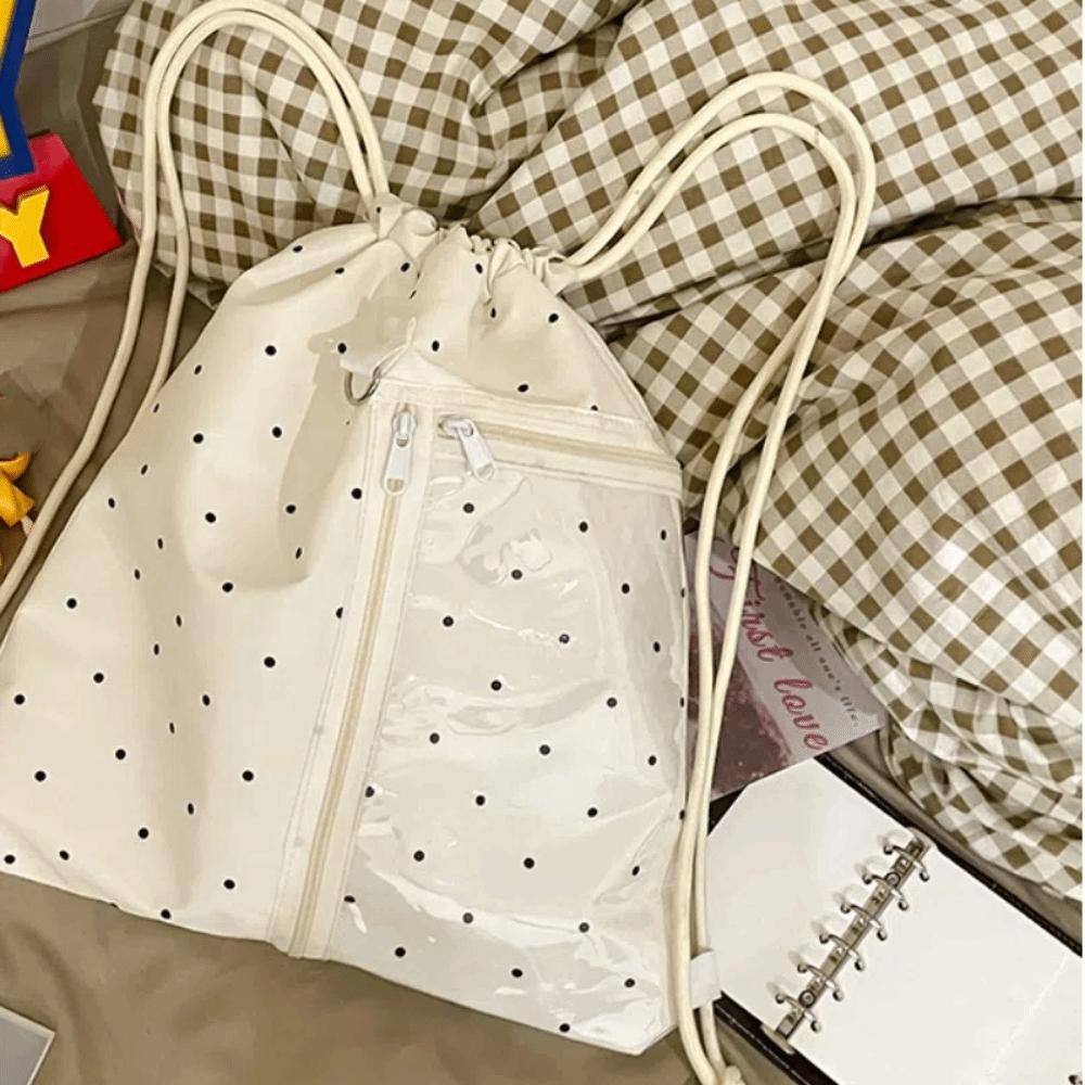 Korean Style Light Soft Nylon Bag Wave Point Student Schoolbag Nylon Drawstring Backpack  Travel Style1-White