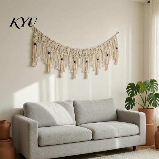 Small Window Treatment Boho Garland Wall Hanging with Wooden Beads, Hand Woven Cotton Tassel Banner, Handmade Tapestry Nordic Tapestry, Bohemian Decor