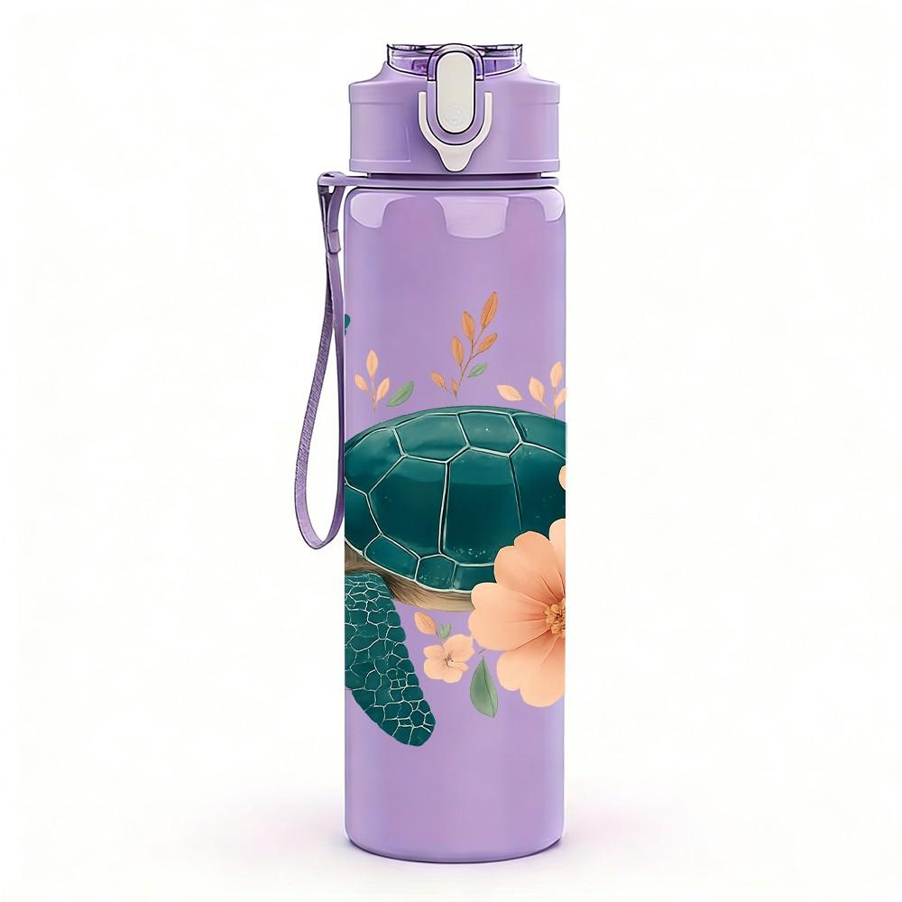 1 PZ Tartaruga Marina con Stampa Floreale 750ml Bottiglia d'Acqua Sportiva in Plastica Colorata Tappo Flip a Cannuccia Antigoccia Adatta per Sport Ufficio Uso Domestico