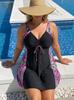 Europäischer & Amerikanischer Plus Size Tankini: Bedruckte Zweiteilige Badebekleidung mit Schnür-Bikinihose und Badeshirt - Weißes Baumblatt-Design