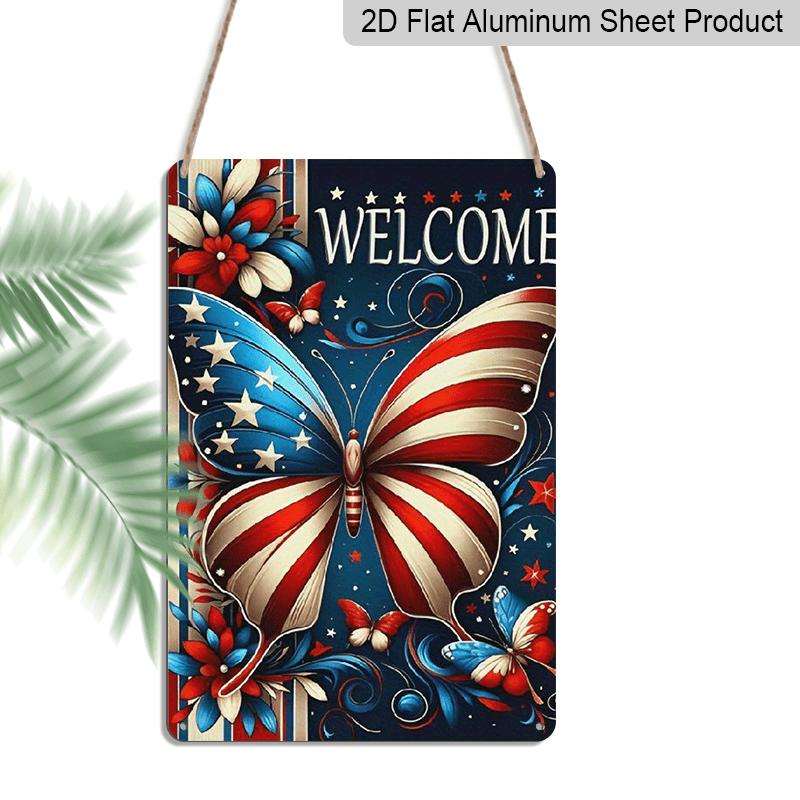 2D Flat, 1pc Patriotic "WELCOME" Butterfly Aluminium Sign - 8"x12" Rustic Red White Blue Decor, USA Flag Inspired Wall Art, Perfect for 4th of July