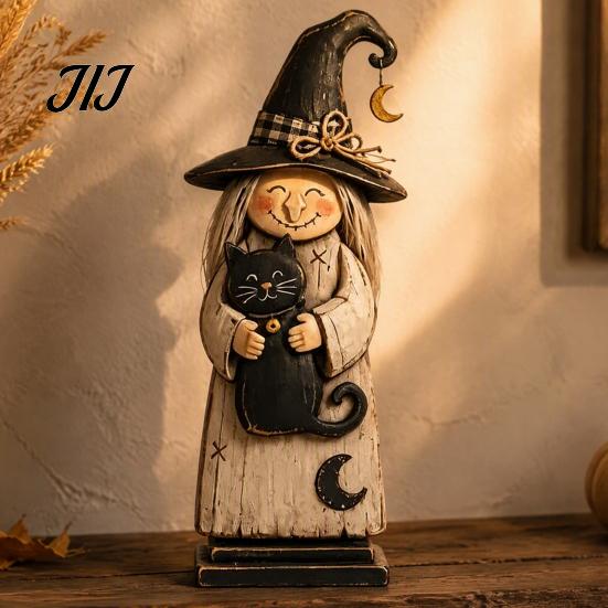 Vintage Style Witch Party Supplies Wooden Figurine, Halloween Statues with Hand Painted Figurine Sets Broom Pumpkin Black Cat, Fall Farmhouse Tabletop