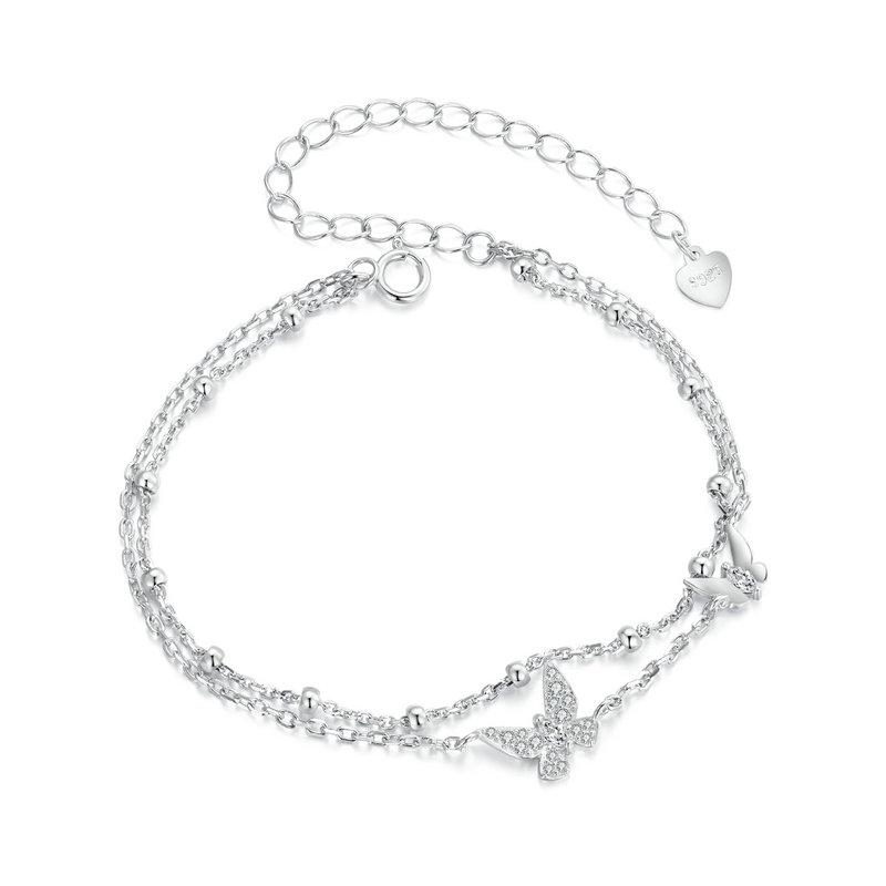 WOSTU 925 Sterling Silver Cubic Zirconia CZ Bridal Butterfly Adjustable Bracelet for Women Double Layer Butterfly Charm Bracelet