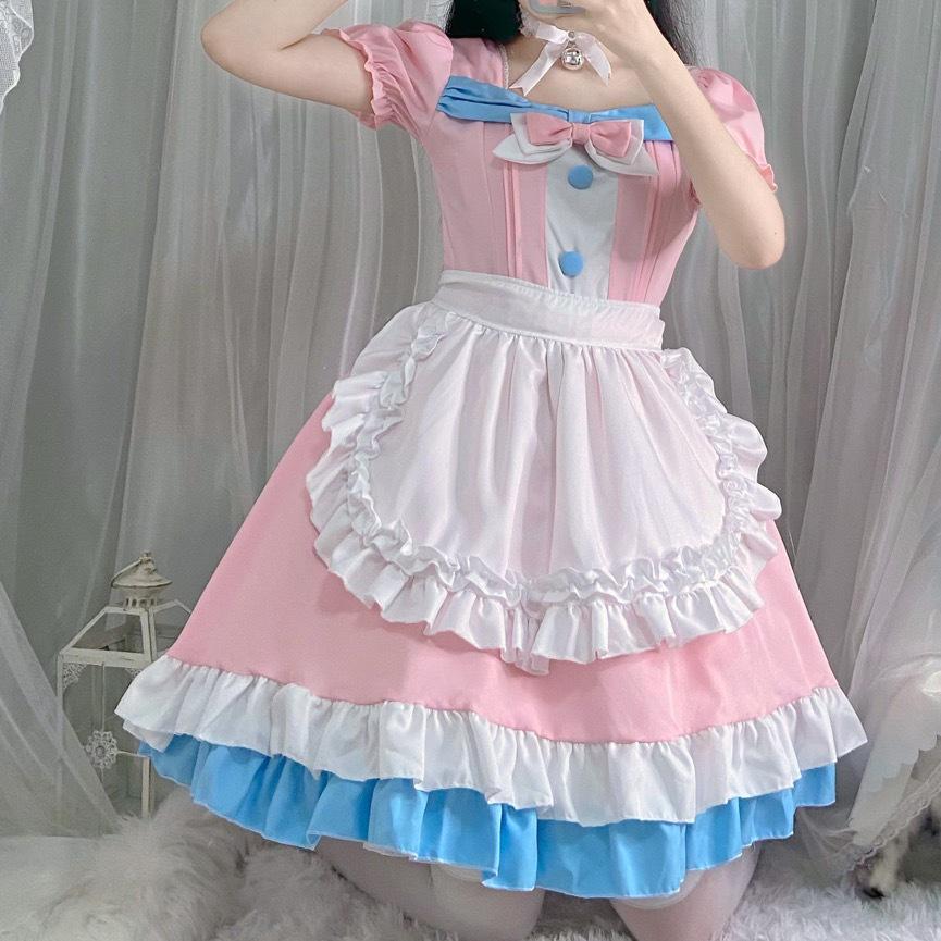Café Style Cute Lolita Maid Outfit - Pink & Blue Bow Dress for Women