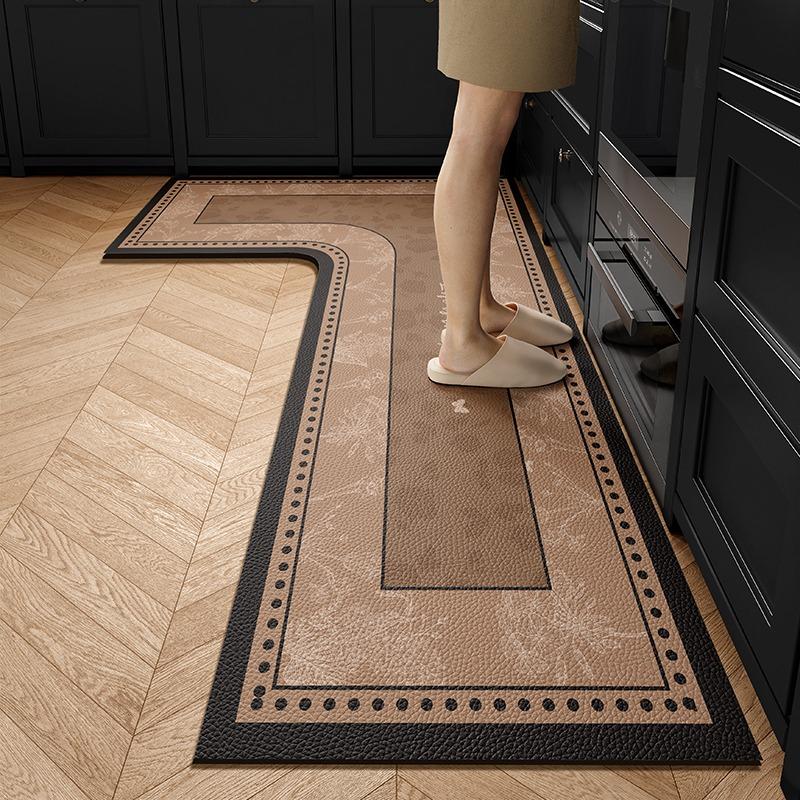 Kitchen Floor Mat PVC Waterproof Non-slip Carpet L Shape Brown Leather Foot Mat Floral Rug Texture Home Decorative Carpets