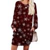 Women's Snowflake Print Fashionable Long-sleeved Round-neck Pocket Dress