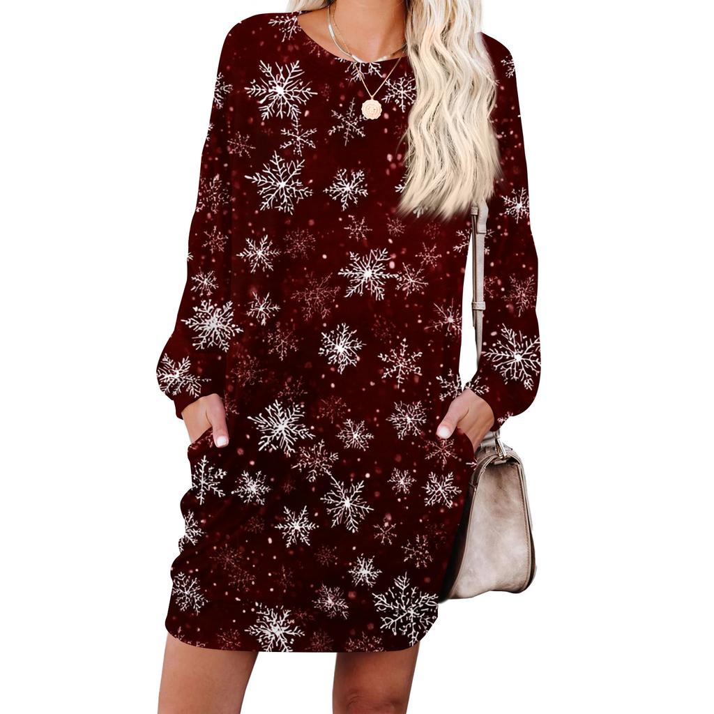 Women's Snowflake Print Fashionable Long-sleeved Round-neck Pocket Dress