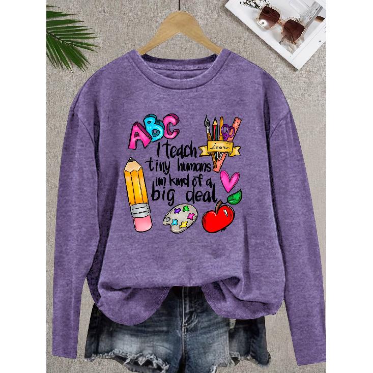 Teacher's Day Women's Elegant Style Colorful Chalk Letter Print Pattern Round Neck Long Sleeve for Spring Summer Autumn and Winter T