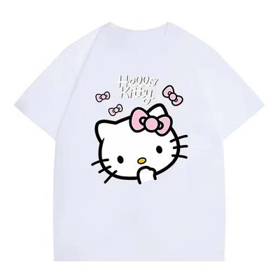 2026 Sanrio Hello Kitty Korean Style Kids Cotton Short Sleeve T-shirt with Pink Bow and Logo Print, Cute & Casual for Daily Wear