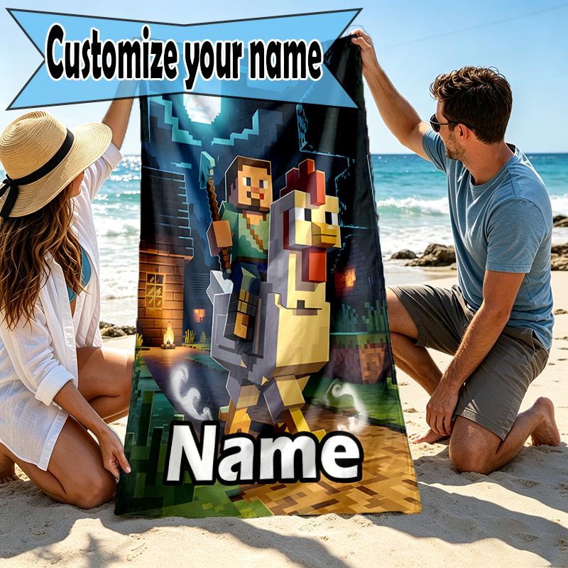 Custom Name Personalized Minecraft Print Beach Towel, for Trip Camping Beach Party Home Decor, Birthday Gift for Family & Friends
