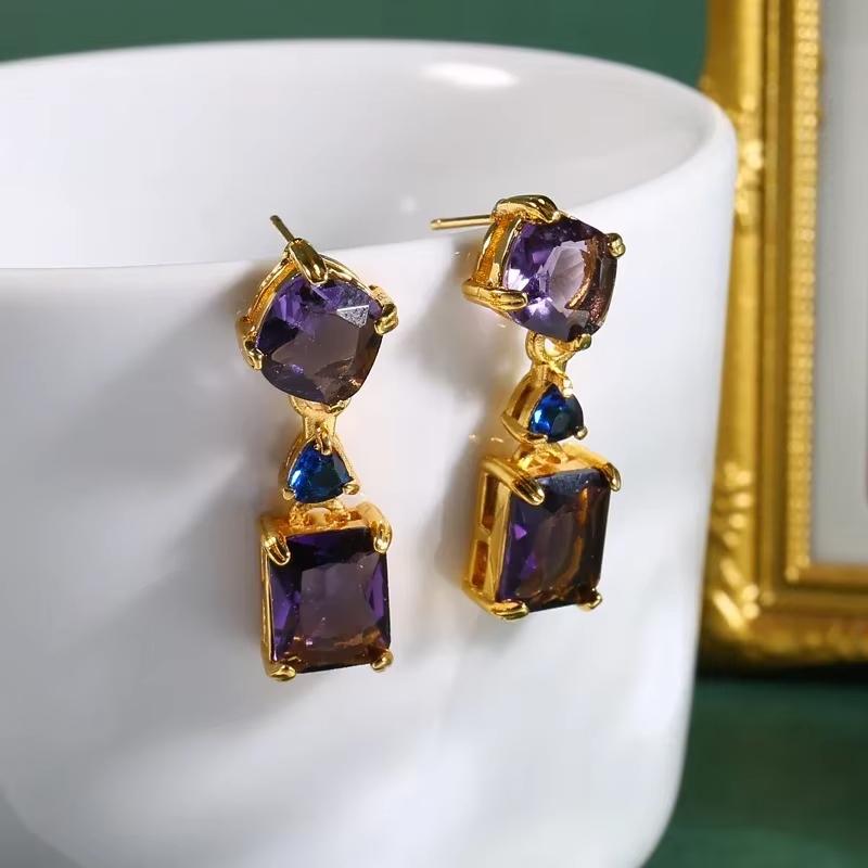 Huajie Фиолетовые Искрящиеся Серьги-Подвески с Кубическим Цирконием для Женщин Квадратные Сияющие Элегантные Банкетные Ушные Тренд