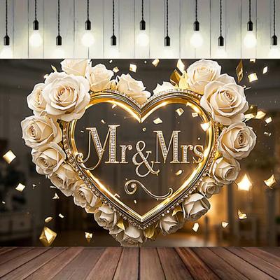 1 szt. Tło ślubne Mr&Mrs z białymi różami i złotymi sercami, Dekoracja ścienna na imprezę fotograficzną, Plakat urodzinowy rocznicowy, na zewnątrz wewnątrz