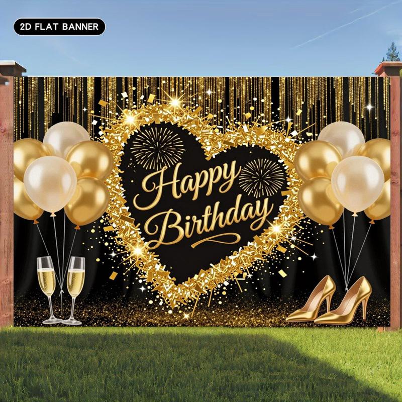 2D flat 1pc golden shining birthday happy banner balloons and high heel pattern.PMJ
