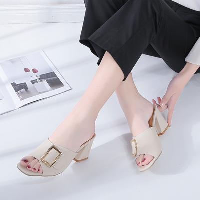 Slippers Woman Summer High Heel Shoes PU Leather Buckle Peep Toe Beach Slides Female Casual Ladies Slipper Square Toe Sandal New