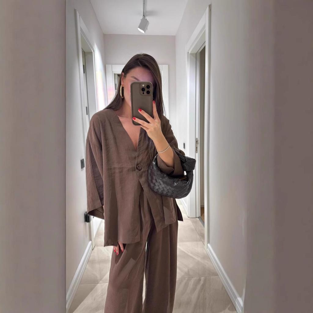 

Causal Oversized Solid Pant Suit Women Single Button Long Sleeve V-neck Shirt Set Summer Casual Lady Streetwear XXXL кавовий