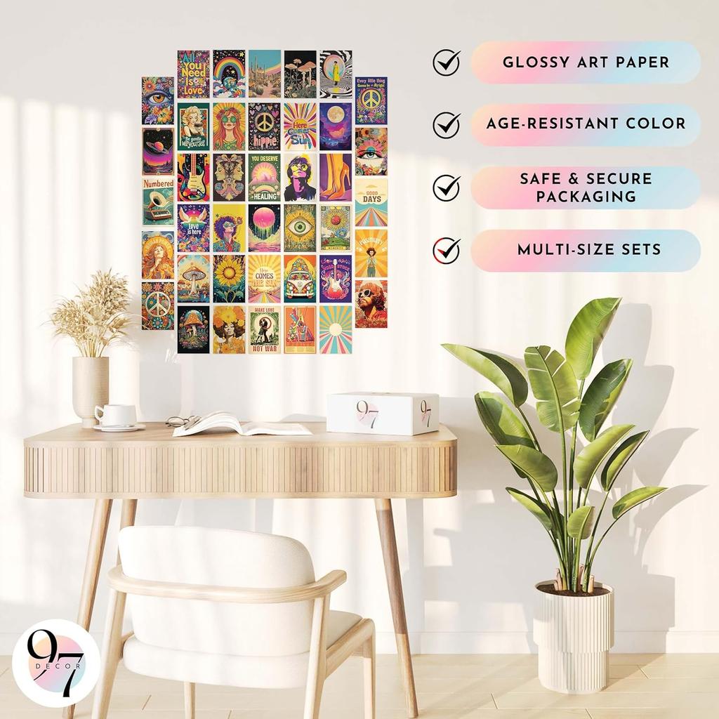 97 Decor Hippie Room Decor For Bedroom Aesthetic - 40 Pcs Boho Hippie Wall Art, 70s Decor For Home, Retro Wall Art Prints, Groovy Pictures Hippy