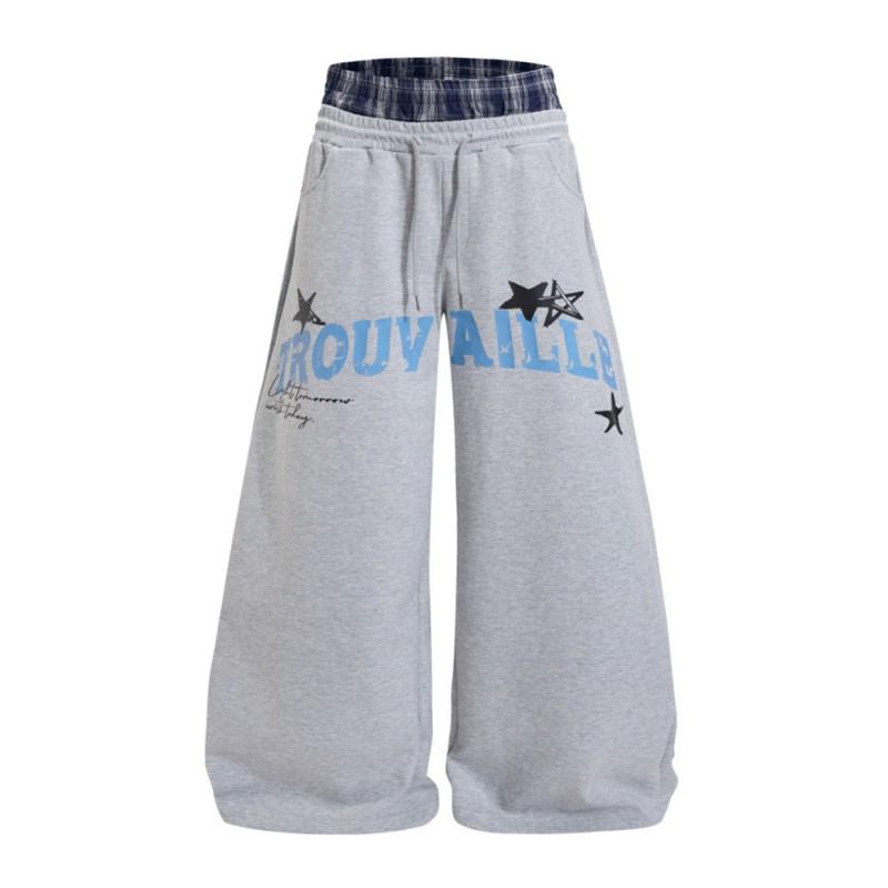 Mens Loose Wide-Leg Curved Pants Streetwear Star Letter Print Casual Trousers