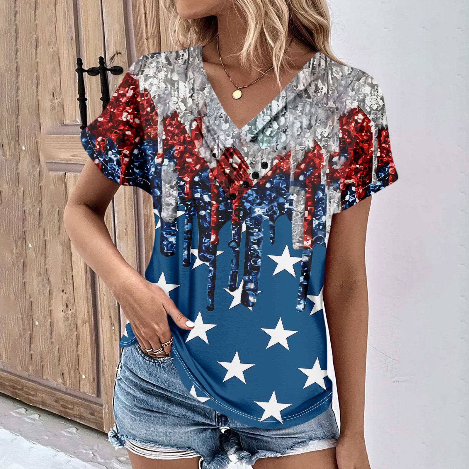 

Летние топы для женщин с принтом ко Дню независимости для женщин, удобные женские топы с v-образным вырезом и короткими рукавами, футболки большого размера XL серебряный