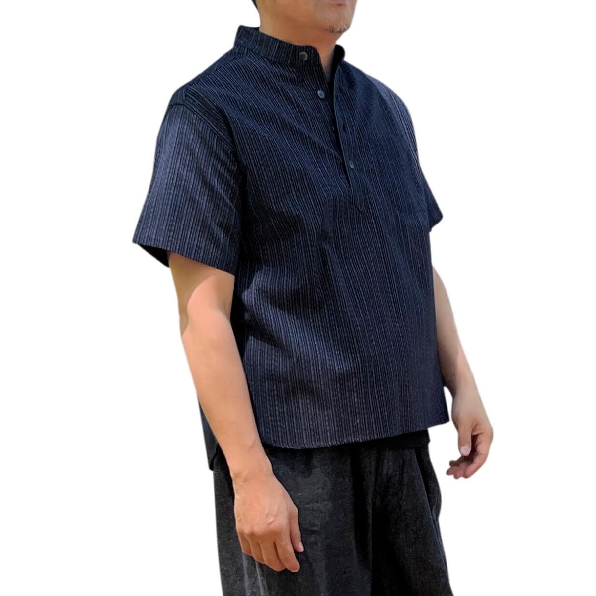 

Band Collar Short Made in Kurume Bunjin L [Edoten] Shirt, Sleeve, Japan, Weave, Men s, Kasuri,