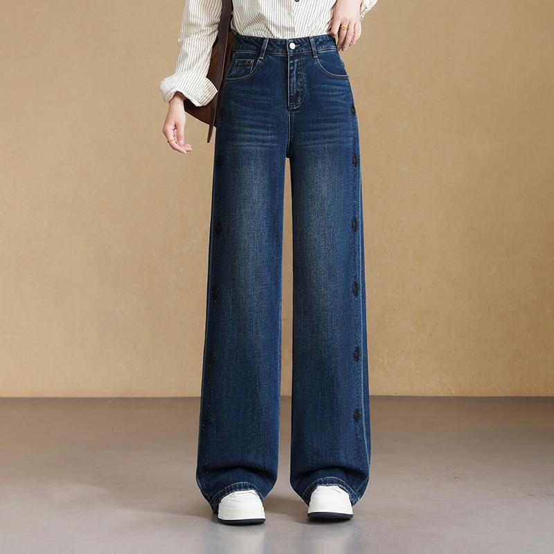 Retro blue embroidered wide-leg jeans women's autumn new high-waisted loose and thin commuter simple straight-leg pants