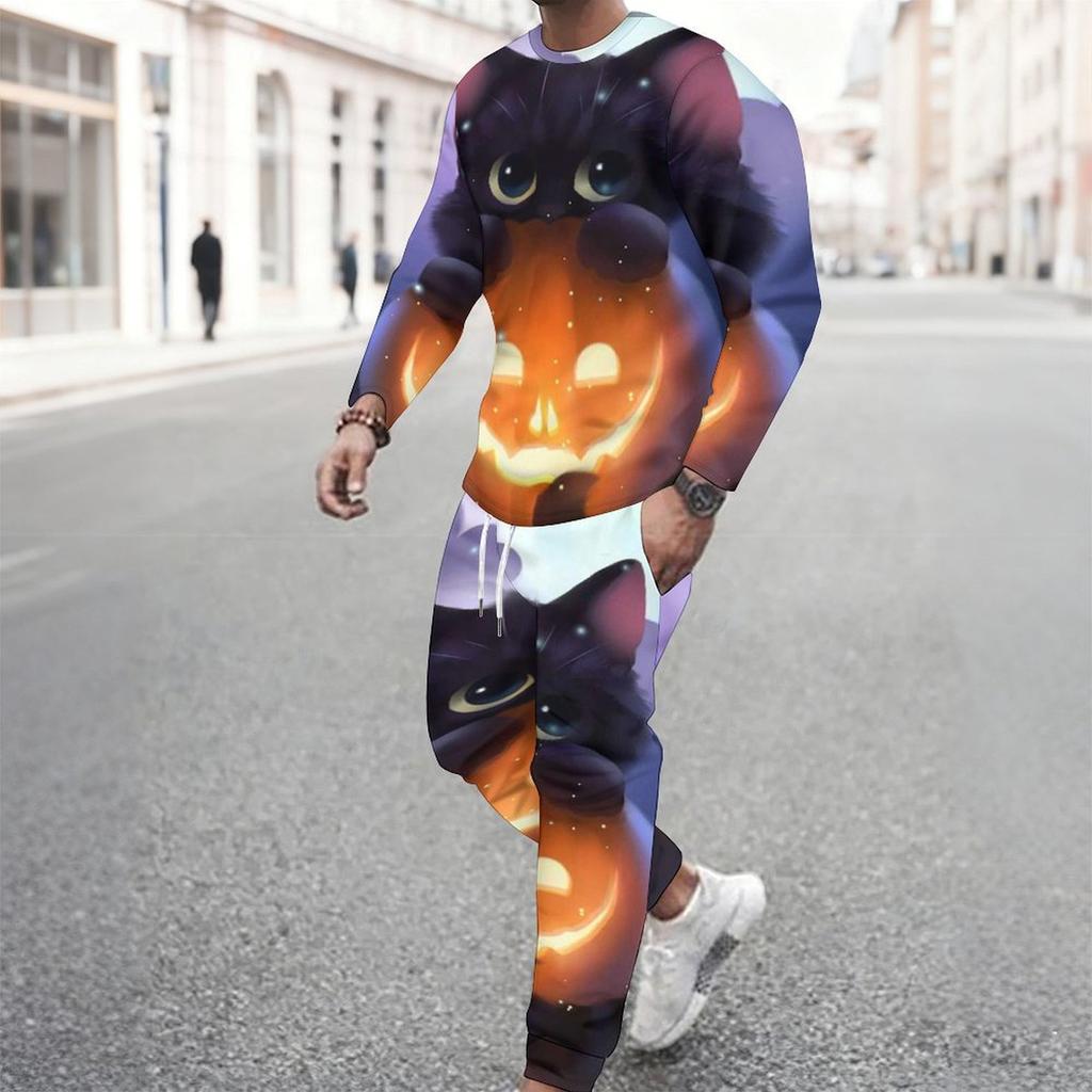 Men Orange Color Block Leopard Pumpkin Sunflower Print Long Sleeve Sweatshirt Jogger Pants Two Piece Suit