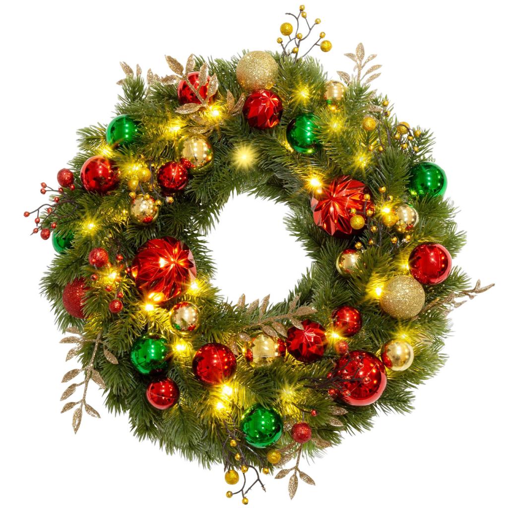 LED Lighted Christmas Door Wreath 8 Modes Hanging Decor Garland Timer Pine Decorations Wreath for Front Door Wall Windows Mantle