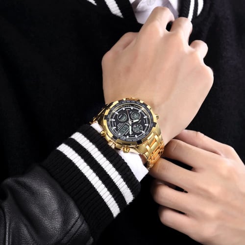 GOLDEN HOUR Luxury Stainless Steel Analog Digital Watch for Men, Outdoor Sports, Waterproof, Big Heavy Watch, Gold Black, Minimalist.