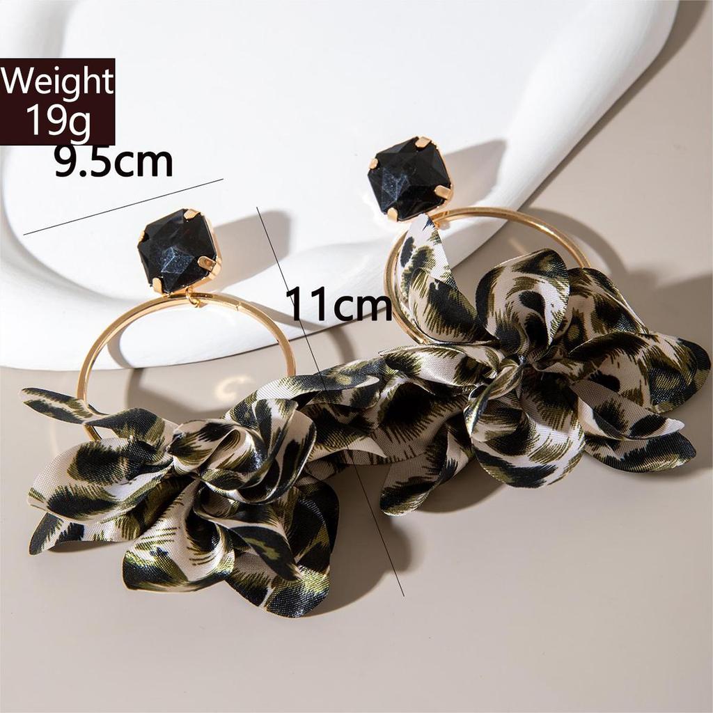 Grenzüberschreitende Mode Übertriebene Bunte Leopardenmuster Stoffohrringe Geometrische Kreisförmige Ohrringe Imitations-Edelsteinbesetzte Ohrringe für Frauen