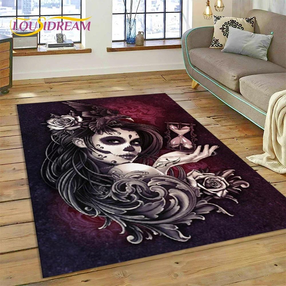 Totenkopf Totes Mädchen 3D Gothic Horror Weiblich Rose Teppich für Wohnzimmer Schlafzimmer Dekoration, Rutschfeste Dekoration für Sofa Fußmatte Geschenk