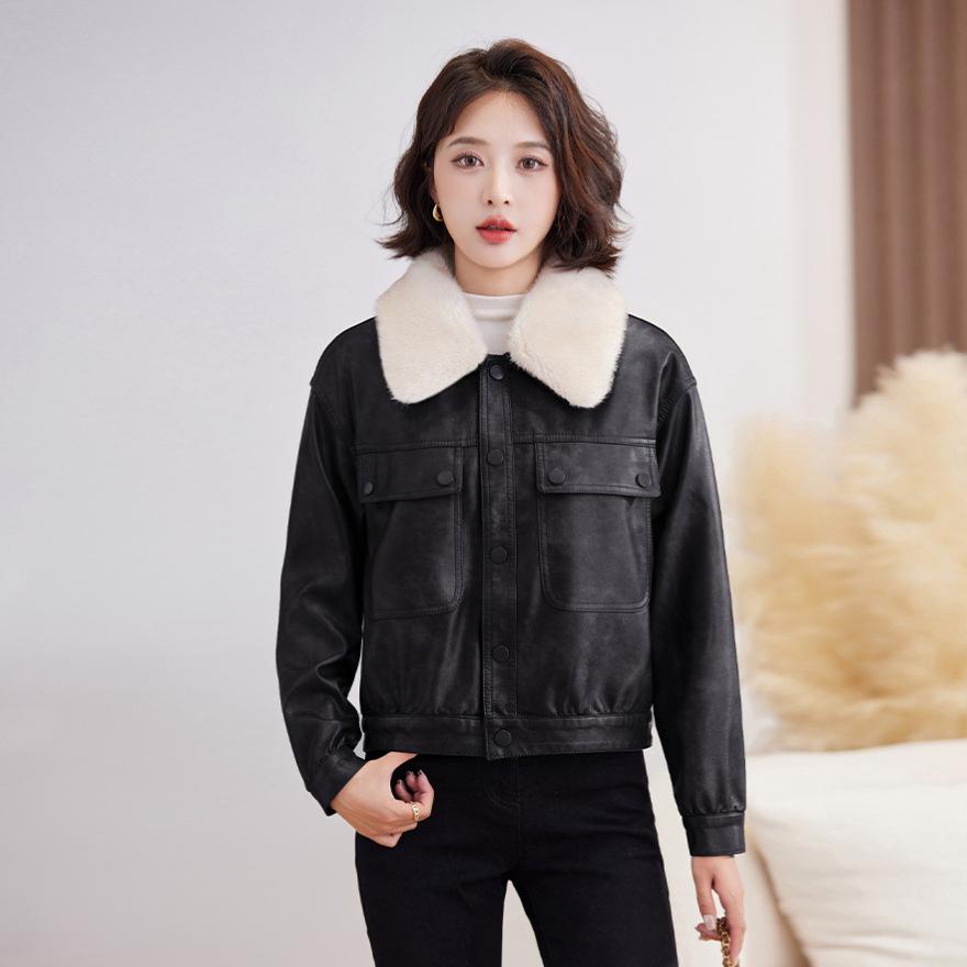 Fashion fleece thickened leather jacket women's winter new retro locomotive leather jacket short top