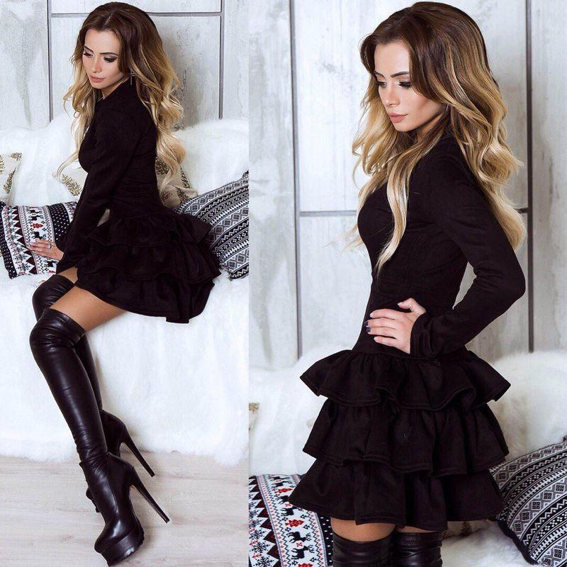 

Осенне-зимнее платье из эластичной замши в европейском и американском стиле с высокой талией Black S