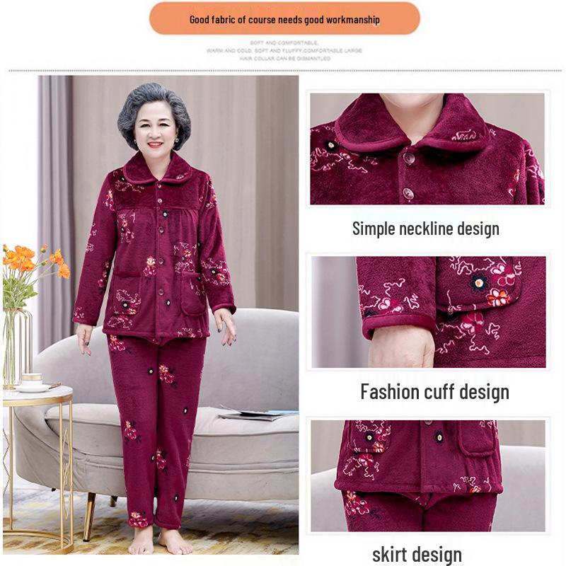 Women's Winter Warm Flannel Pajamas Set for Middle-Aged and Elderly - Cozy Granny Home Wear for Autumn and Winter