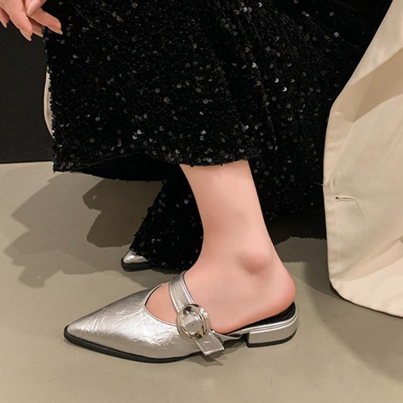 Fashion 2025 NEW Summer Women Mules Genuine Women Shoes Round Toe Low Heel Shoes Cover Toe Slingback Sandals Modern Slippers