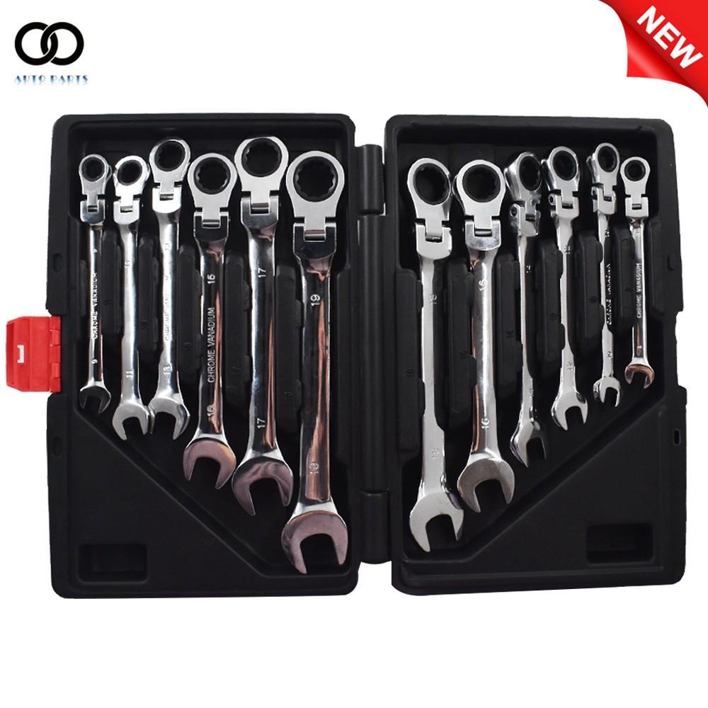12pcs 8-19mm Metric Flexible Head Ratcheting Wrench Combination Spanner Tool US