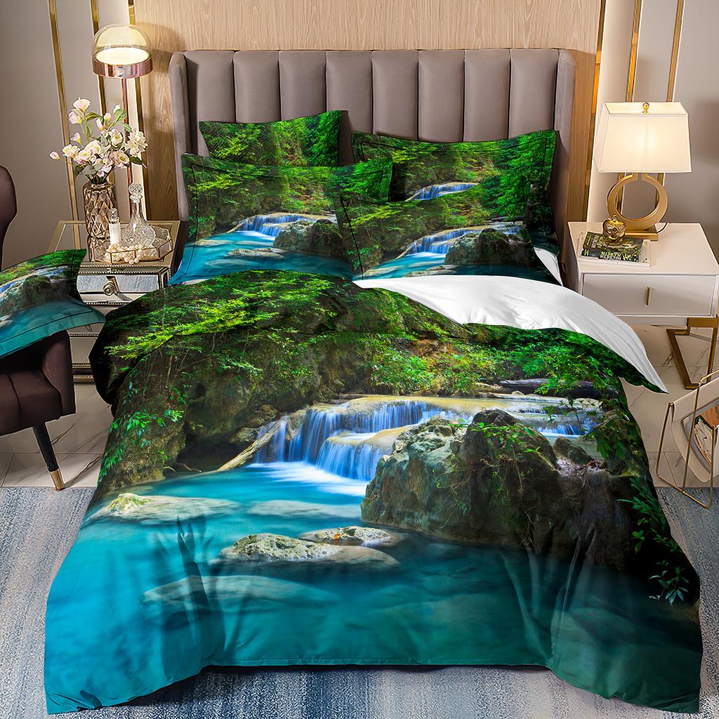 Three-Piece Beautiful Landscape 3D Bedding Stream Waterfall Printing Quilt Cover Home Textile Batch