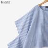 ZANZEA Womens Summer Casual Round Neck Dolman Sleeve Loose Stripe Blouse