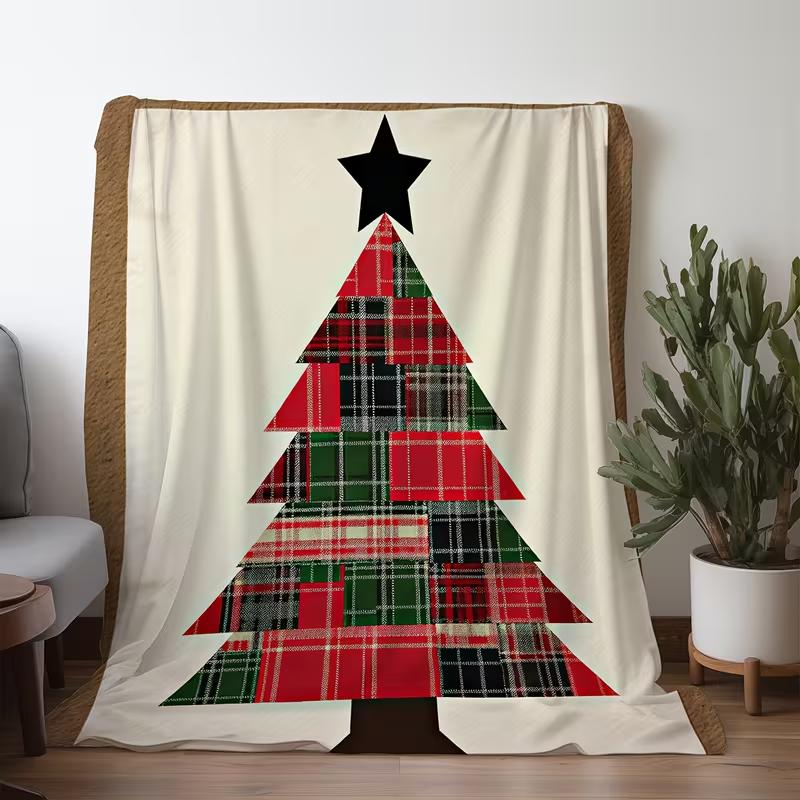 Couverture Plaid Patchwork Arbre de Noël Douce Chaude Xmas Rouge Vert Tartan Imprimé Lit Canapé Décoration de Fête Couverture