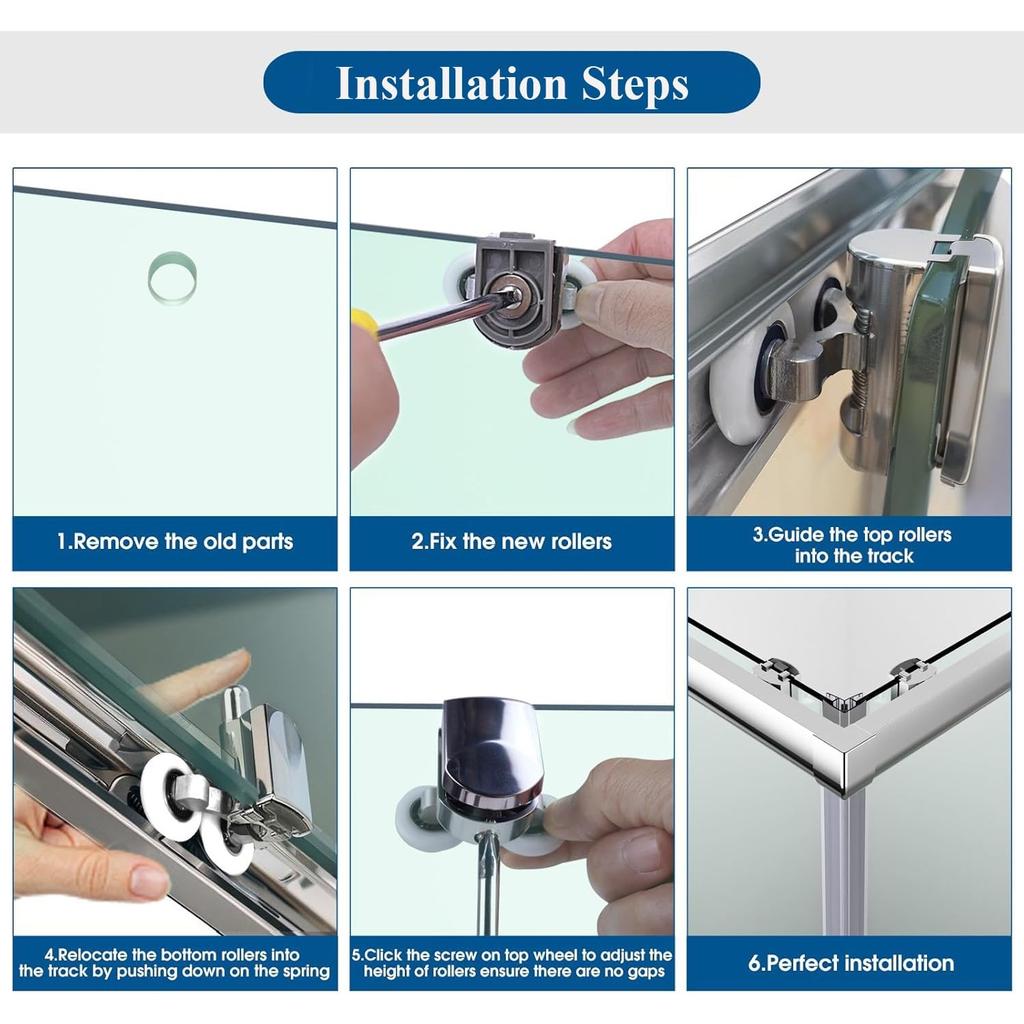 Shower Door Wheels, 8 Pcs Curved Shower Door Rollers, 23mm Replacement Shower Door Wheels with Anti-Collision Block and Screws