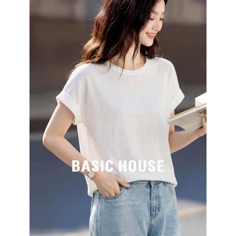 Basic House Women s Linen Blend Round Neck Short Sleeve T-Shirt M