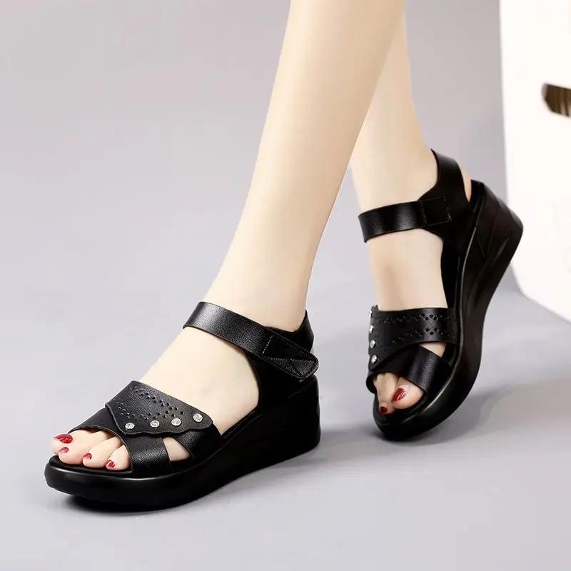 Fashion Wedges Heel Ladies Shoes Brown Leather No Summer 2024 Flat Rubber Footwear Sandals for Women Open Toe Outdoor Shoe Vip Sandal F
