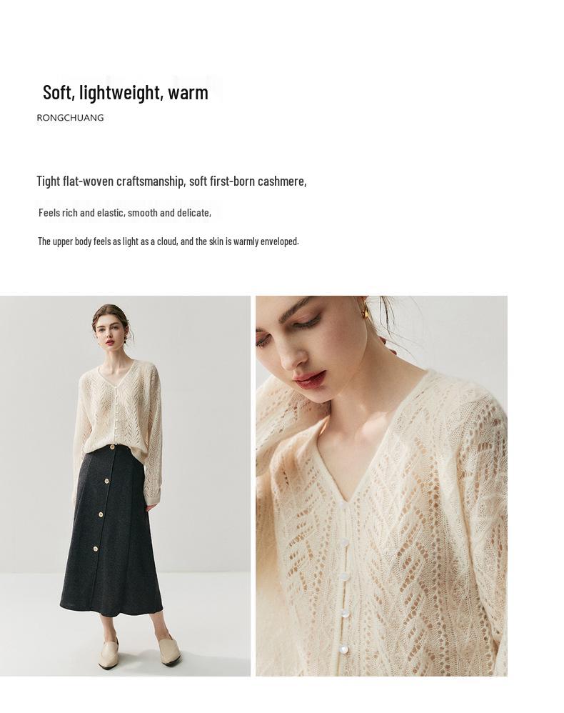 2025 A/W Women's V-neck Beaded Cashmere Cardigan – Wool Knit Lazy Style Sweater Coat