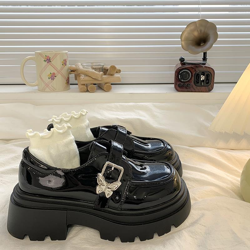 British style small leather shoes women's loafers single shoes thick heel platform spring and autumn fashion round head new height-increasing Japa