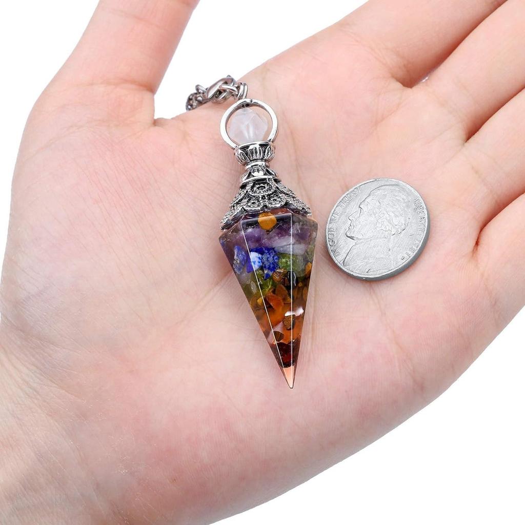 Antique Silver Seven Chakra Crystal Resin Pendulum with Semi-Precious Chips Pendant