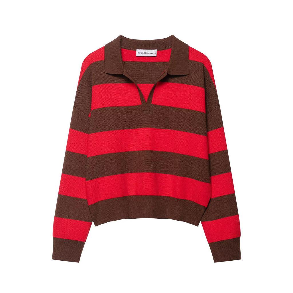 Spring 2026 Women's European & American Striped Lapel Knit Pullover Sweater