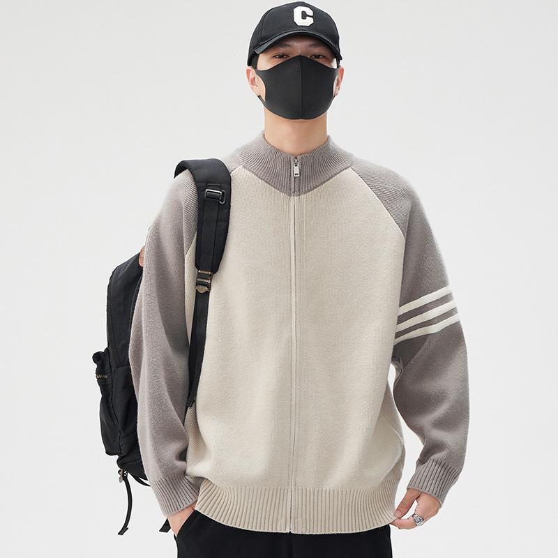 

Men s Stand Collar Color Block Knit Cardigan - Spring & Autumn 2025 Trendy Wool Jacket M 100-130 jin бежевий