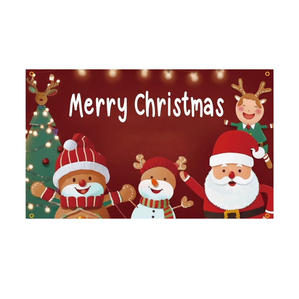 Large Outdoor Christmas Banner with Santa Claus and Snowman Design for Yard Decoration and Photo Background Polyester Material