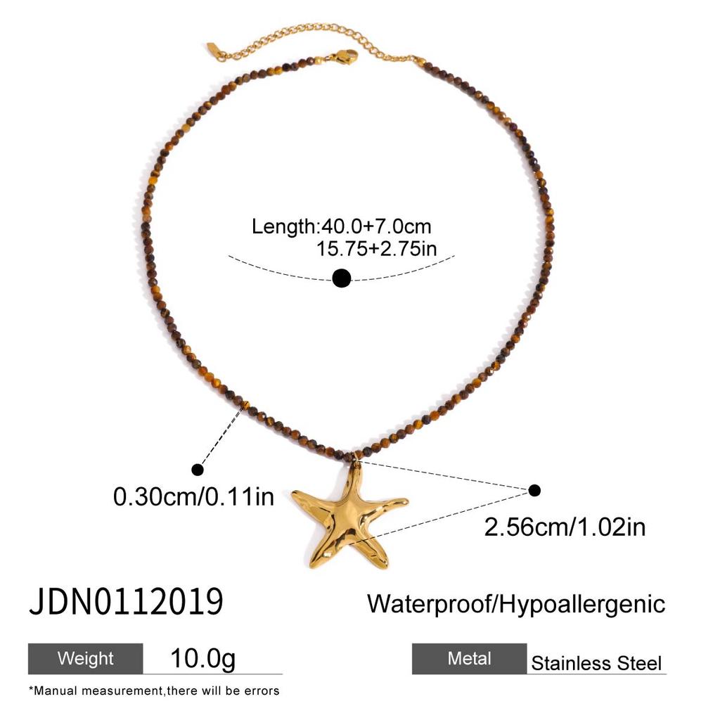 Uworld Beach Ocean Vacation Style 18K Gold Color Stainless Steel Sun Starfish Pendant Necklace Natural Stone Bead Necklace Women