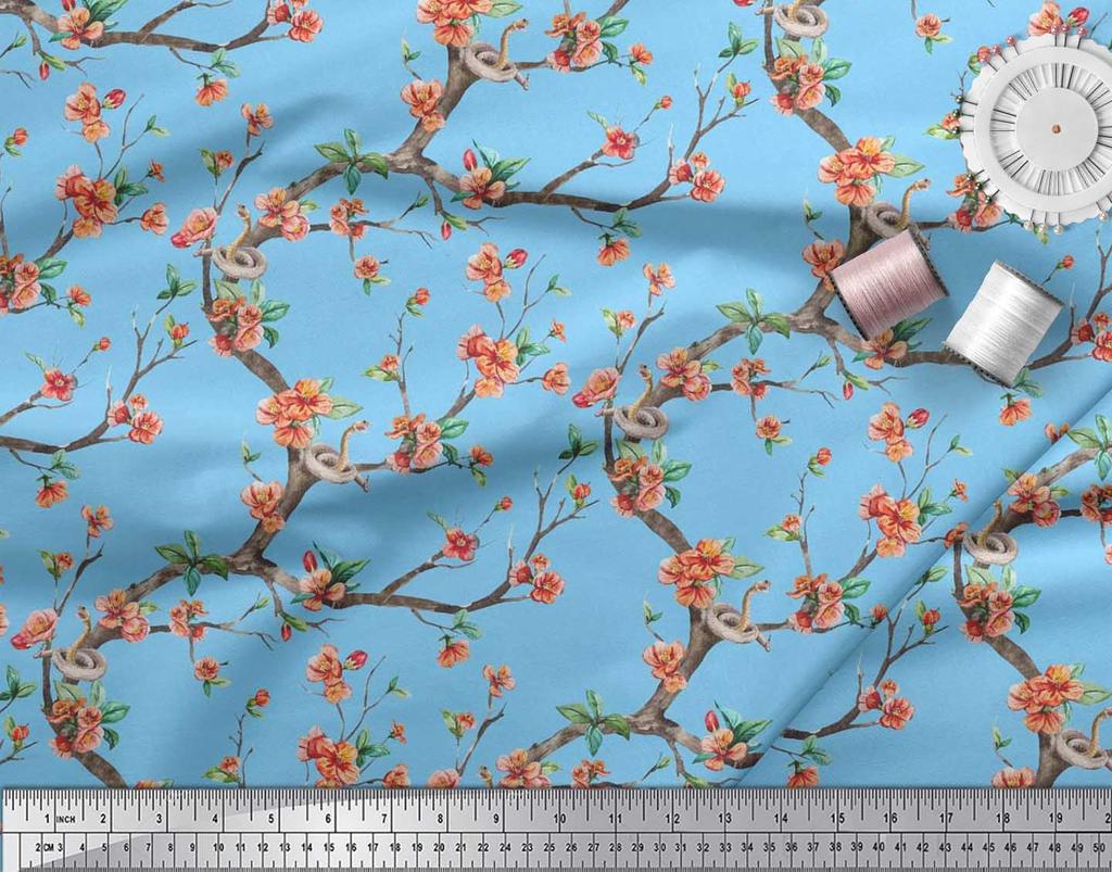 Soimoi Japonská krepová saténová látka Had, listy a květy, květinový potisk v metrech 42 palců