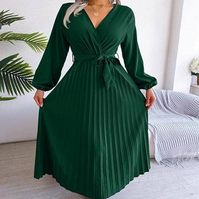 Fashion Soft Comfortable Spring Autumn Women Elegant V Neck Long Sleeve Pleated Maxi Dress Red Blue Casual Green Black Soild Color