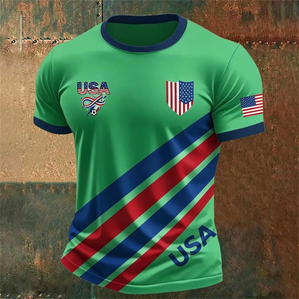 Men’s USA Football Print Crew Neck Classic Fit Short Sleeve T-Shirt with Striped Shield and Flag Design for Sports Fans